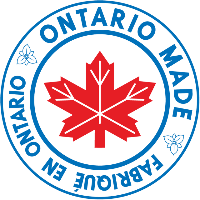 image of a red maple leaf with circular lettering stating Ontario Made or Fabrique en Ontario